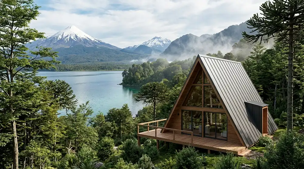 Cabaña prefabricada estilo alpina en el sur de Chile