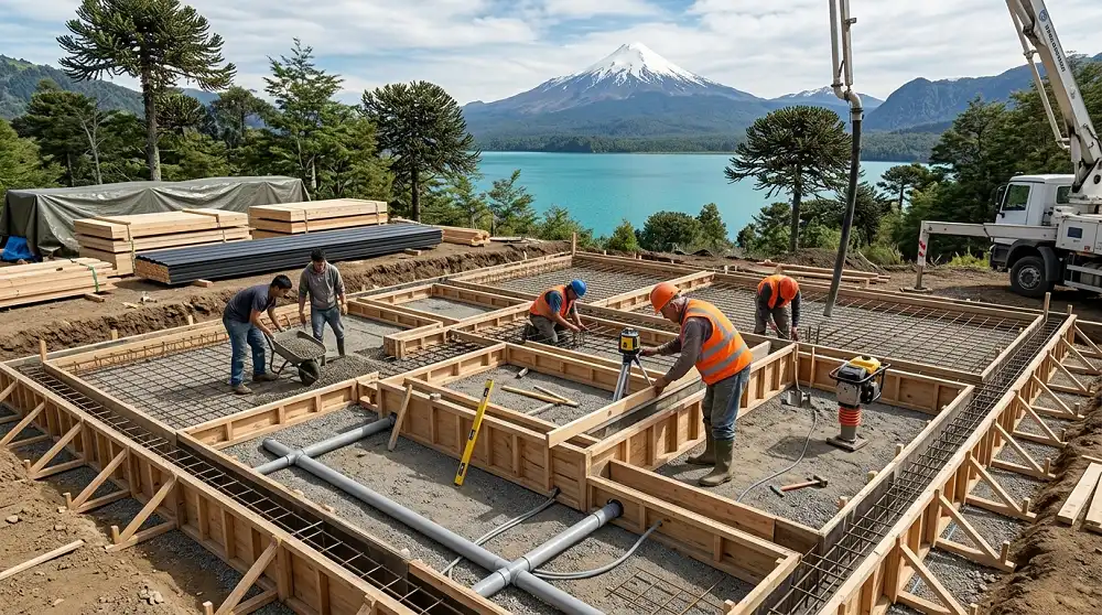 Maestros preparando radier de hormigón para casa prefabricada