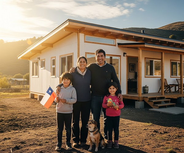 Familia frente a su casa prefabricada SIP