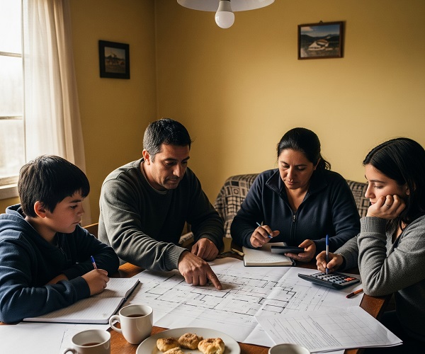 Familia revisando planos y presupuesto de su casa prefabricada