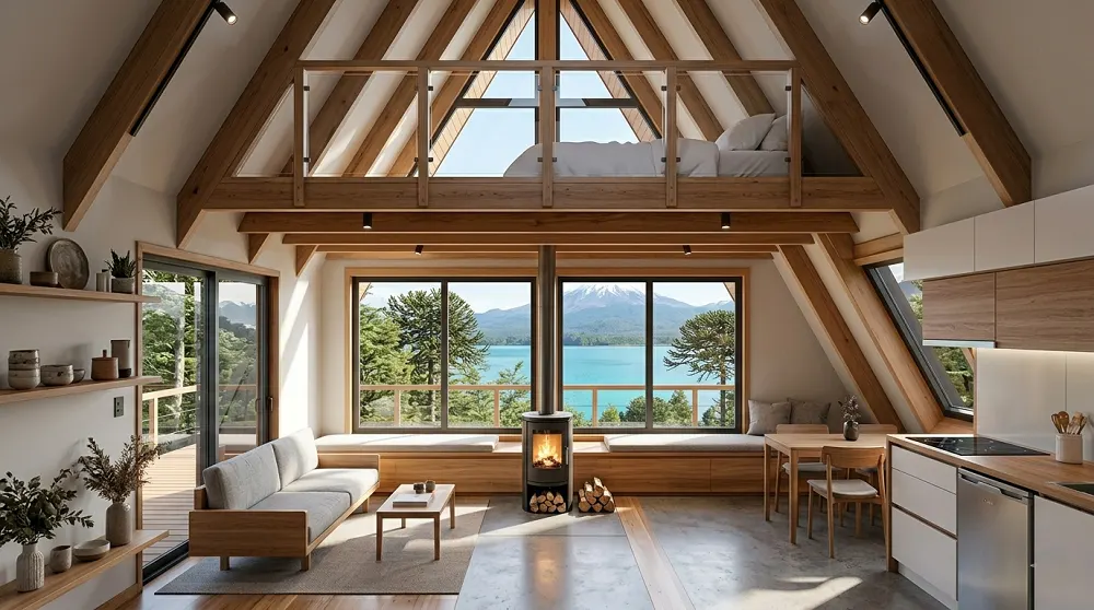 Interior moderno de una cabaña prefabricada