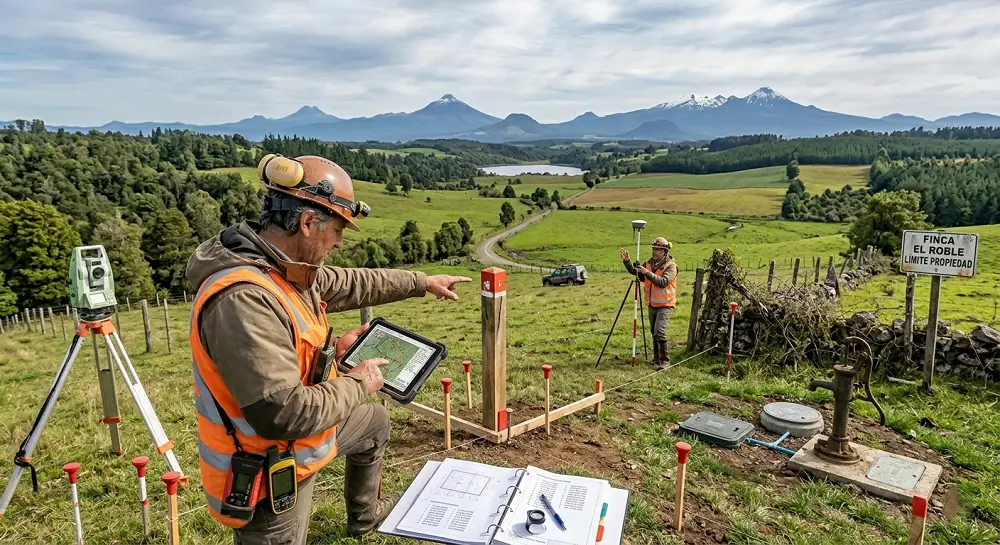Profesional revisando deslindes en terreno rural