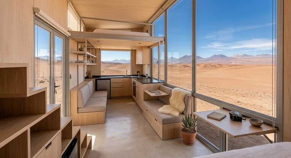 Interior optimizado de una Tiny House con diseño moderno